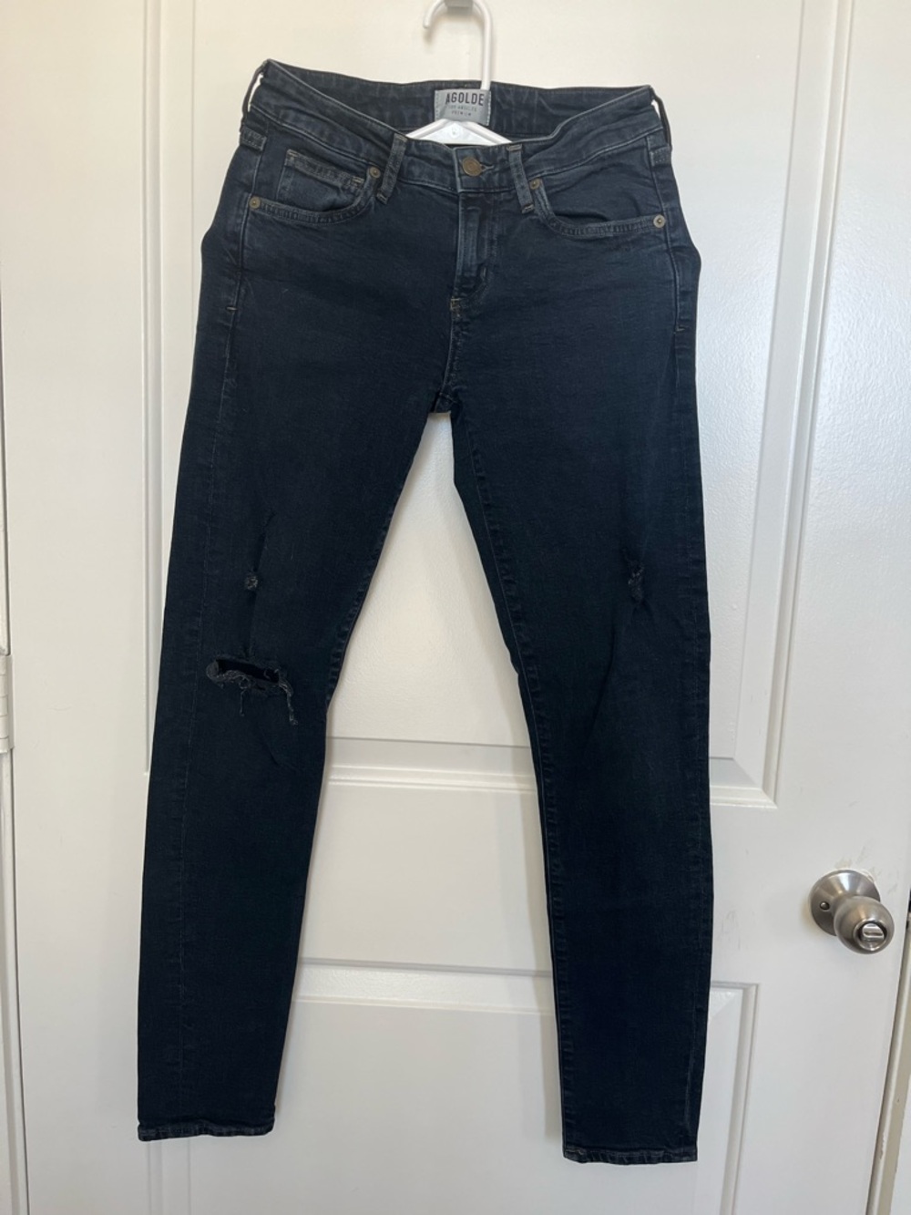 Agolde Black High-Rise Skinny Jeans with Knee Rips